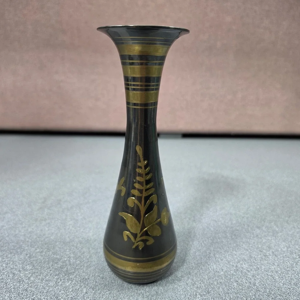 Vintage Brass Bud Vase Home Decor Small Black Etched Floral‎